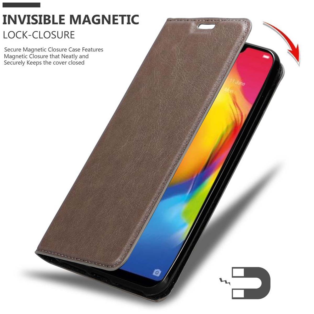 Telefono in custodia marrone con chiusura magnetica invisibile, aperto.