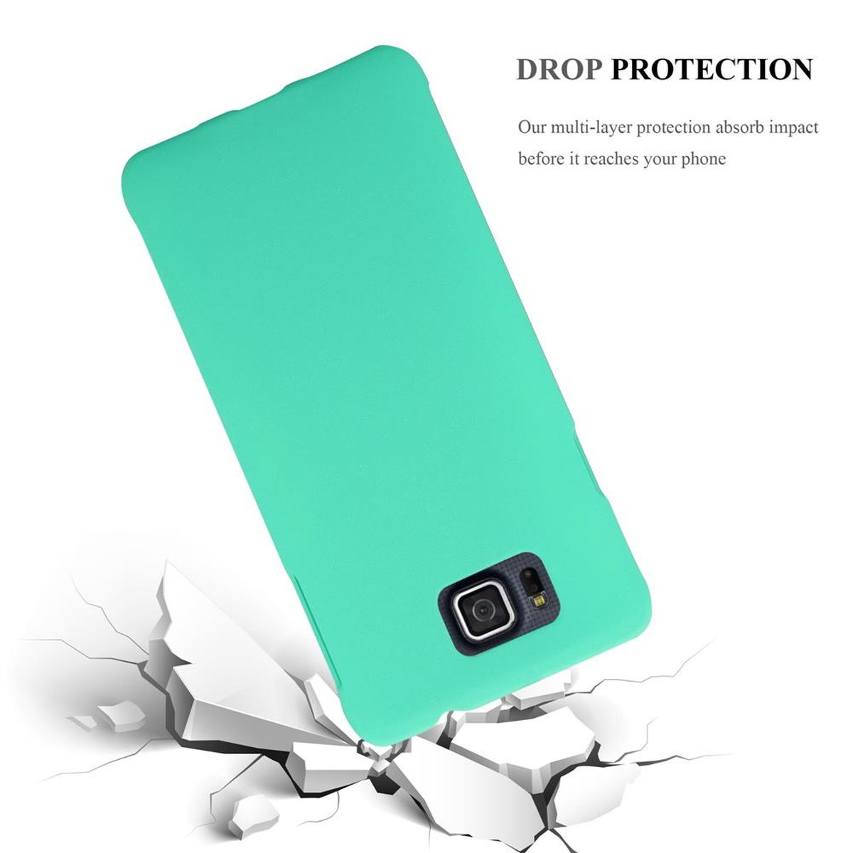 Una funda turquesa inclinada sobre suelo agrietado, texto superior: 'DROP PROTECTION'.
