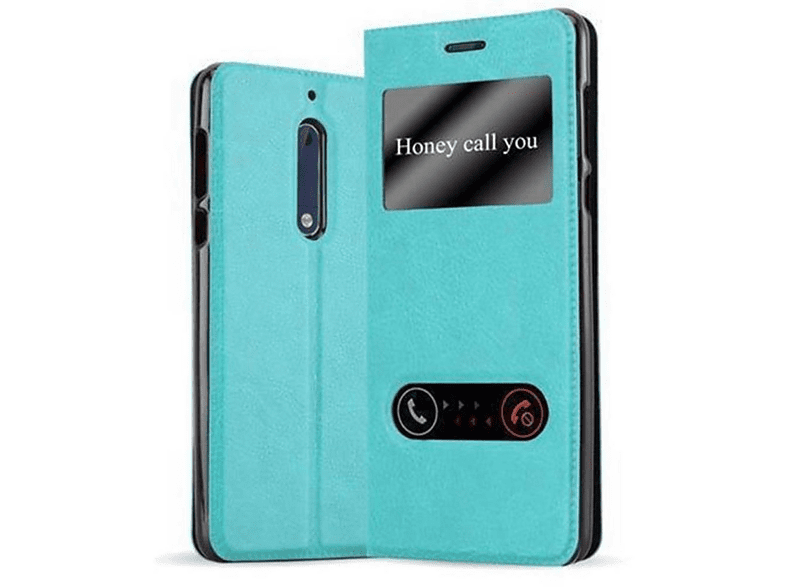 Nokia, 2017, CADORABO Book MINT 5 Doppelfenster Bookcover, View Hülle, TÜRKIS