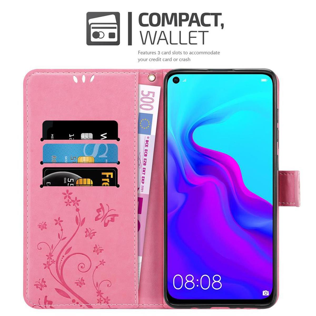 Custodia per telefono rosa, aperta. Telefono all'interno con fessure per carte e denaro. Lo schermo mostra l'ora 08:08.