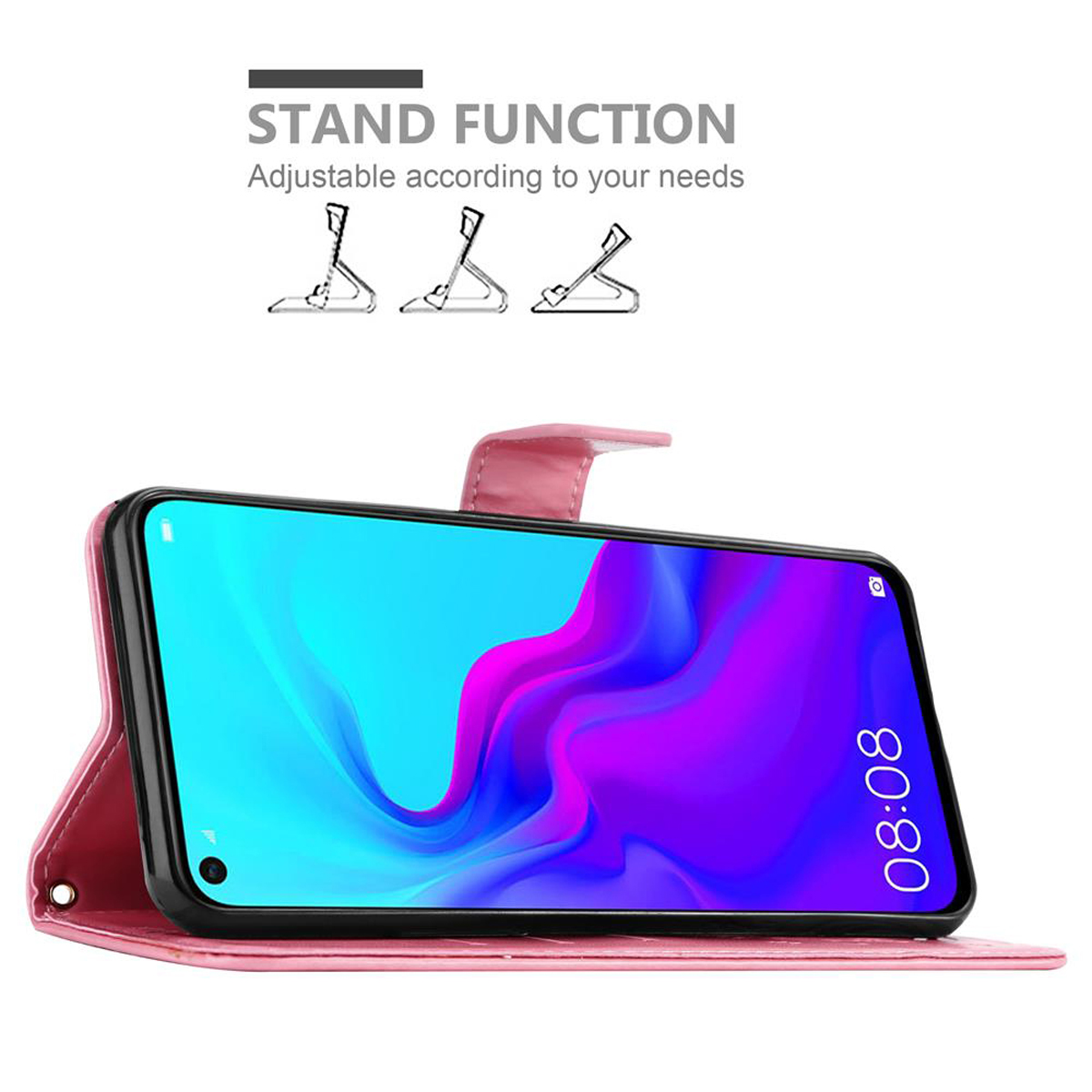 Custodia per telefono rosa con un telefono all'interno. Il telefono mostra uno schermo colorato.