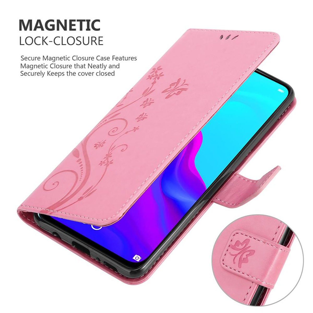 Custodia per telefono rosa aperta con motivo floreale. Schermo del telefono visibile.