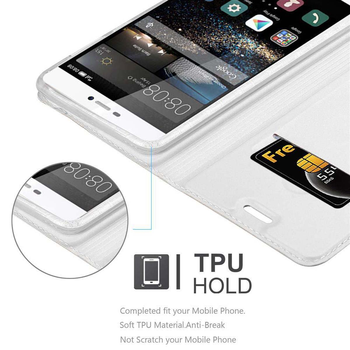 Custodia bianca per telefono con telefono e carta nello slot. Testo: TPU Hold.