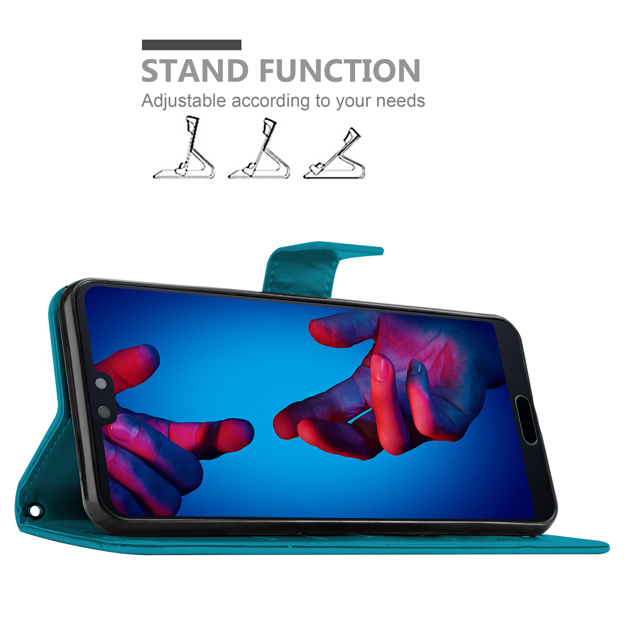 Custodia per telefono turchese con un telefono che mostra un'immagine colorata, con funzione di supporto.