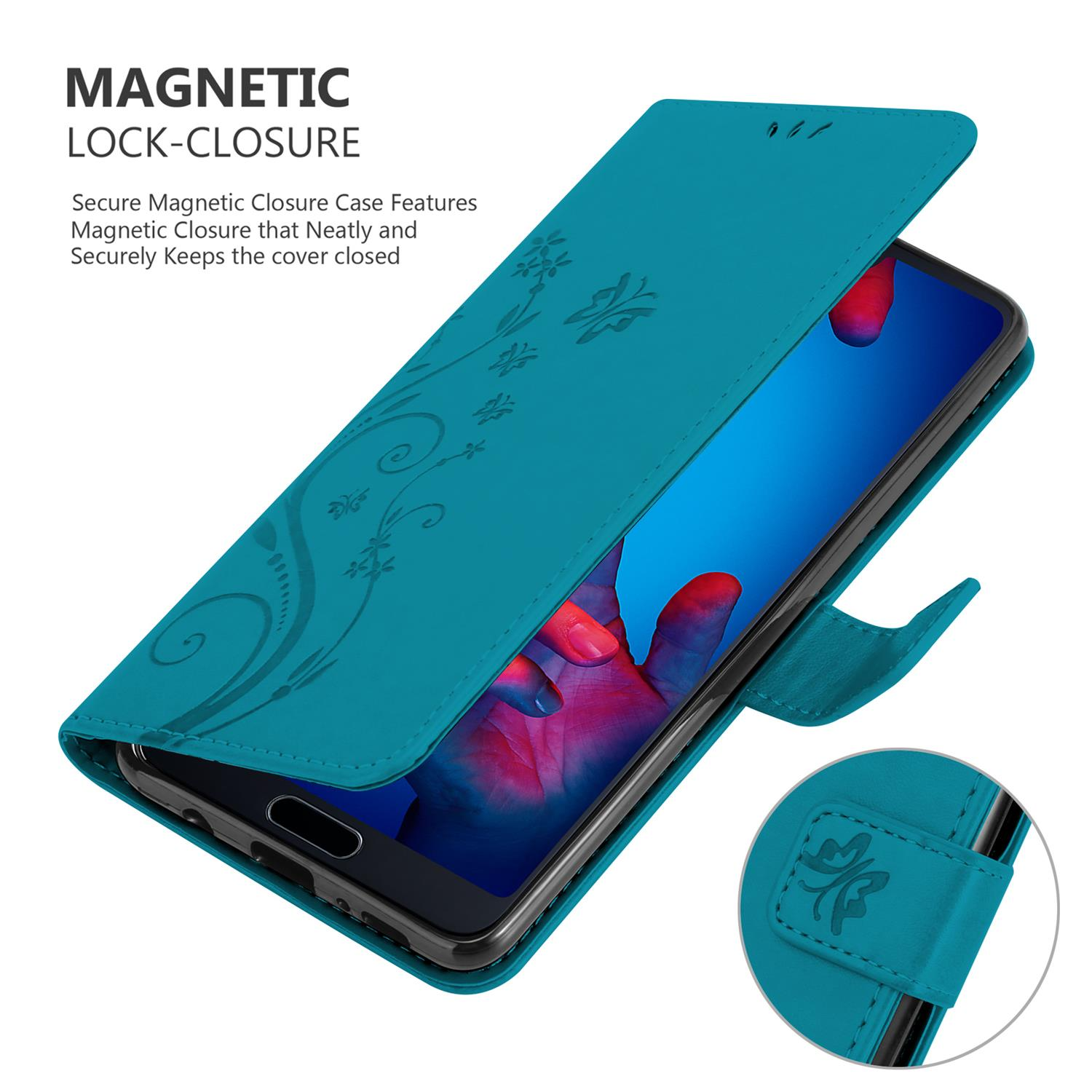 Custodia per telefono verde acqua, aperta, design floreale. Telefono con schermo acceso e design di blocco magnetico.