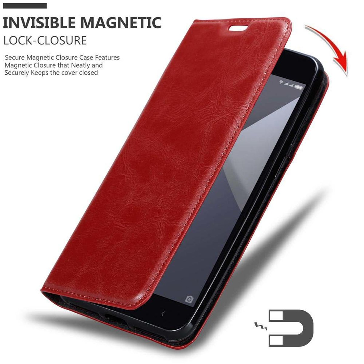 Custodia per telefono rossa, aperta, che mostra il telefono. Dettaglio di chiusura magnetica. Telefono nero, sfondo bianco.