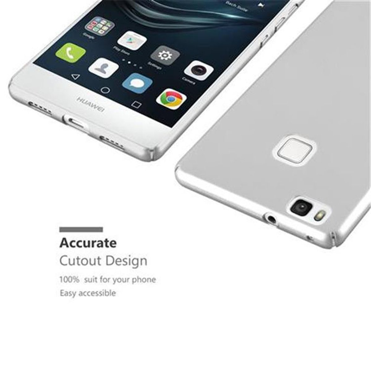 Telefono argento con custodia argento. Testo: Design con ritaglio accurato. Un telefono è parzialmente visibile.