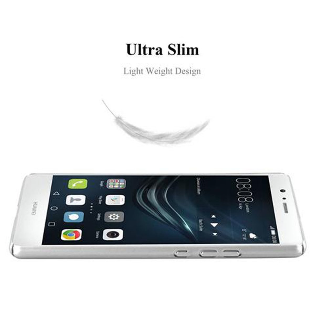 Smartphone bianco con icone sullo schermo. Una piuma fluttua sopra il telefono. Testo 'Ultra Slim Light Weight Design'.