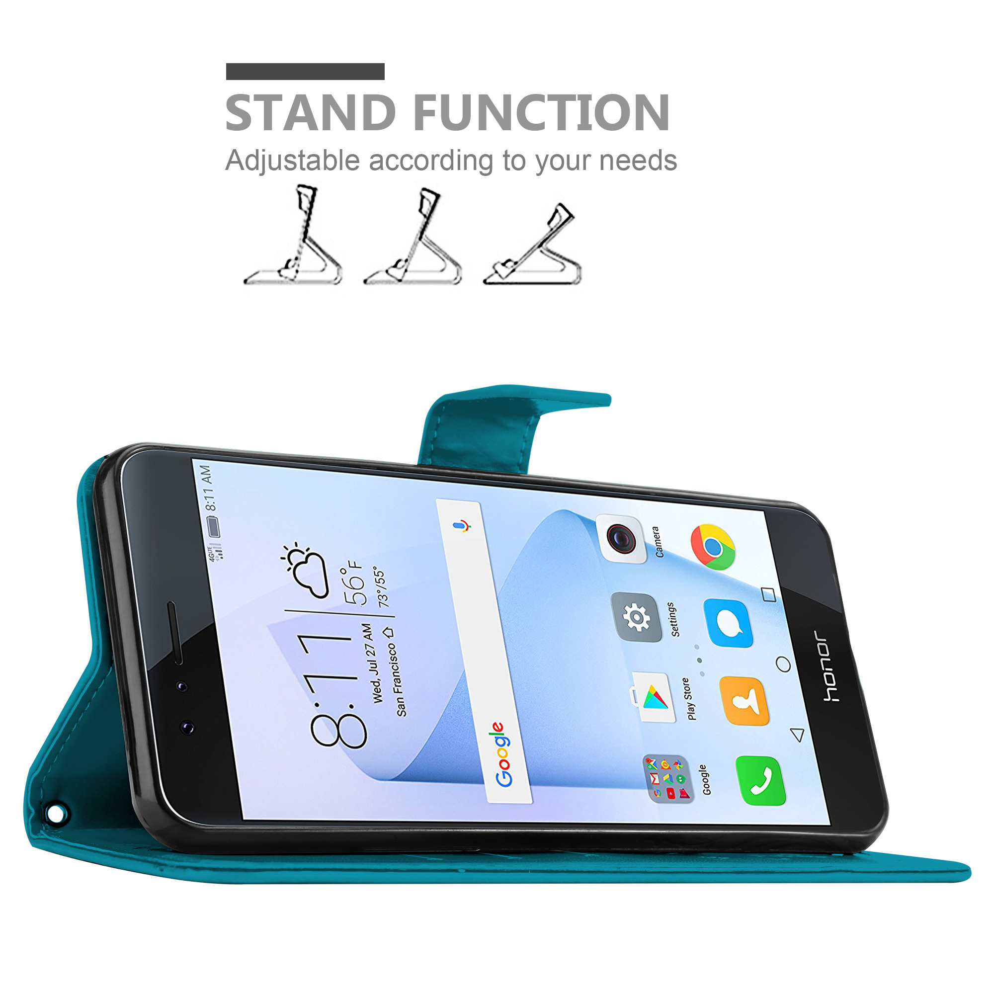 Un telefono è in una custodia verde acqua, che mostra le app sullo schermo. La custodia può essere utilizzata come supporto.