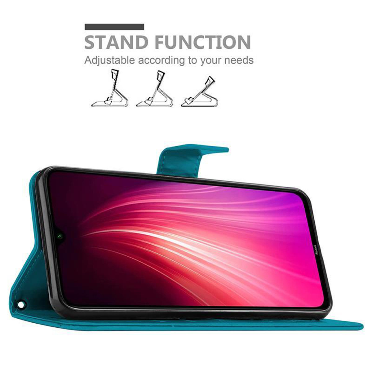 Custodia per telefono blu aperta con telefono all'interno. Design con funzione stand mostrato sopra.