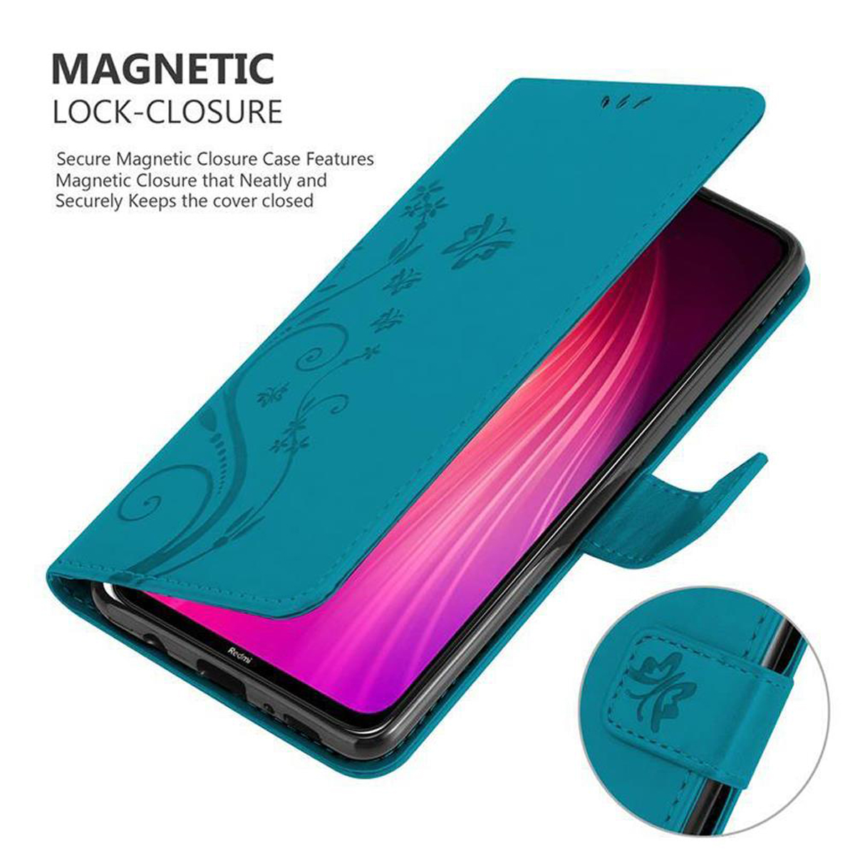 Custodia turchese con telefono. La custodia è aperta, mostra un disegno floreale e chiusura magnetica.