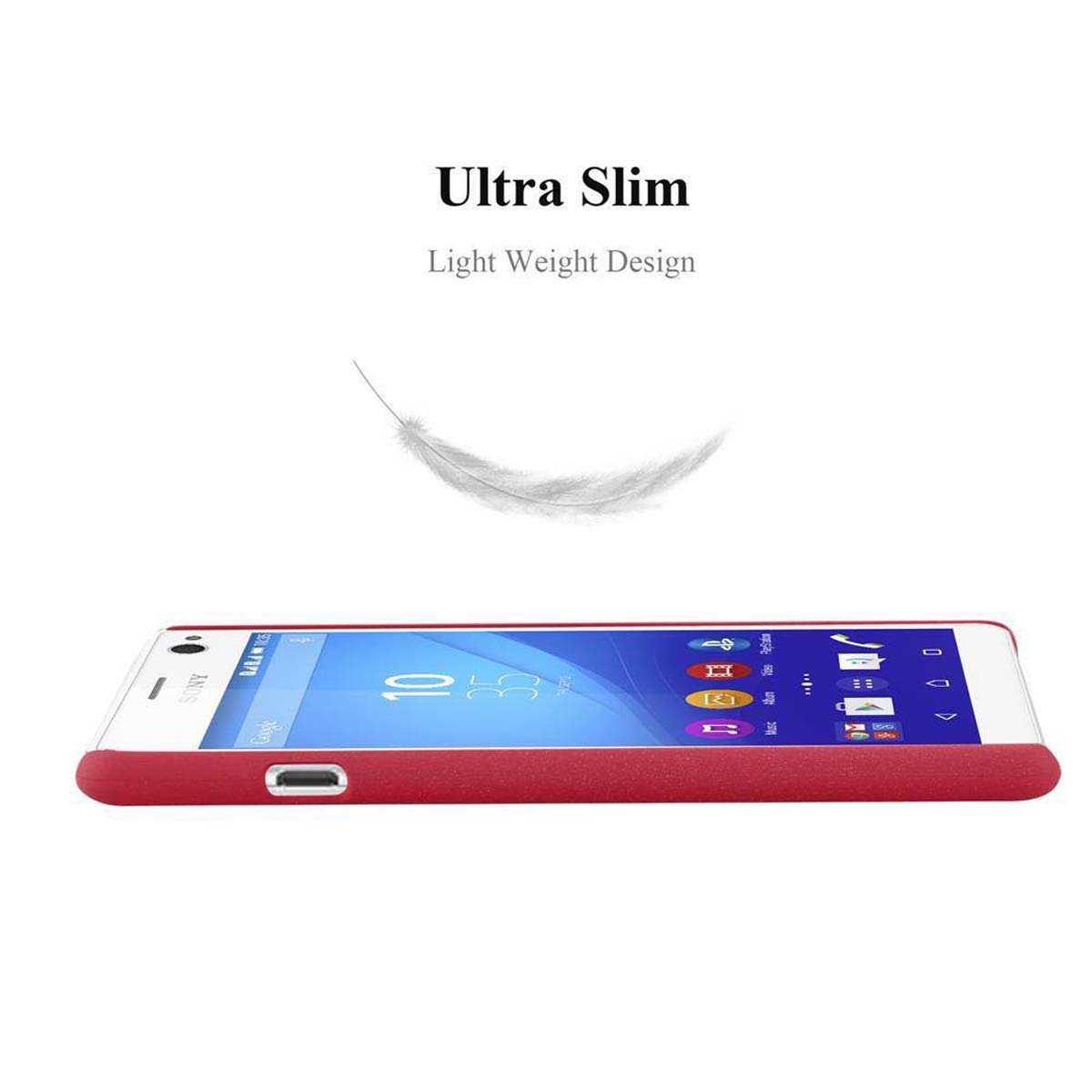 Una custodia per telefono rossa con un telefono bianco all'interno. Testo: Ultra Slim.