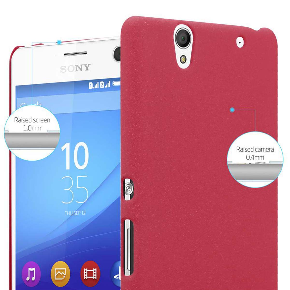 La custodia rossa copre un telefono bianco e argento. La custodia protegge lo schermo e la fotocamera.