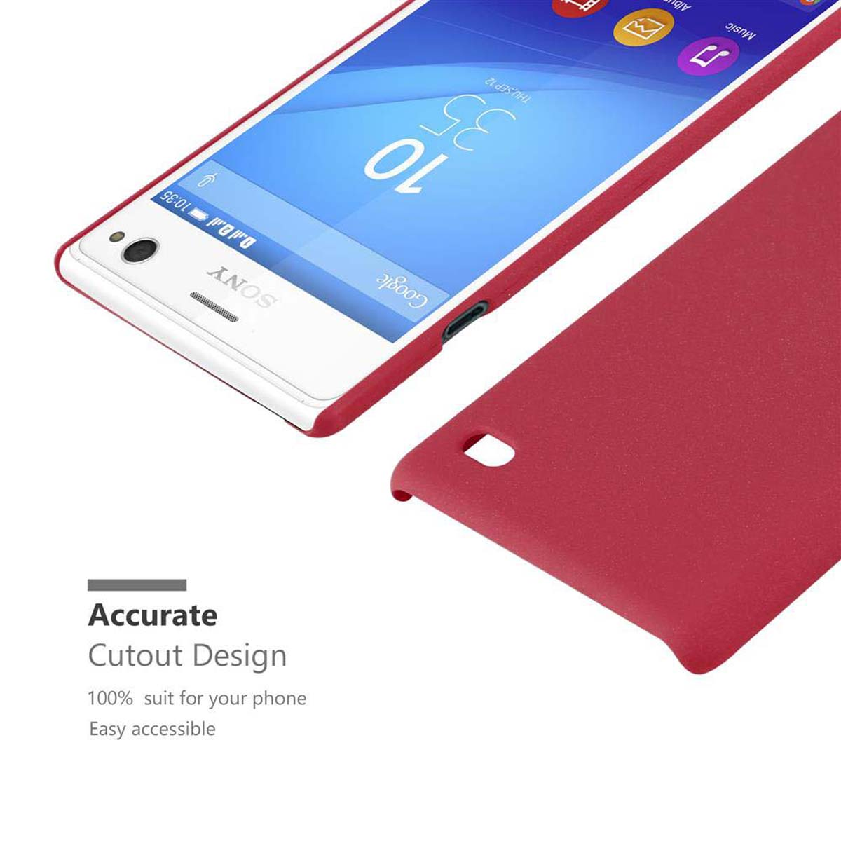 Un telefono rosso e una custodia rossa per telefono sono esposti, con il telefono leggermente fuori dalla custodia.
