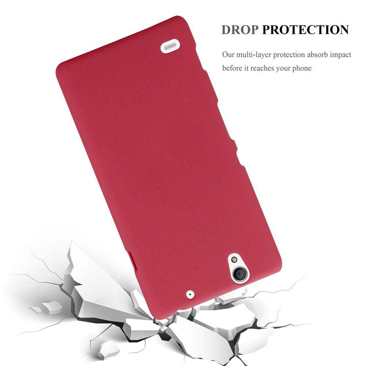 Custodia rossa con telefono, con crepe sul fondo.