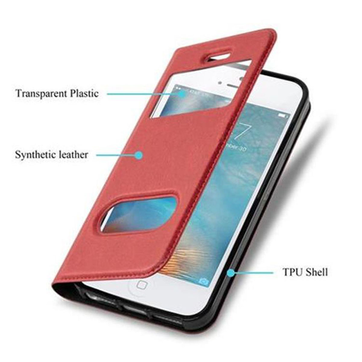 Una custodia rossa con un telefono all'interno. Il testo indica plastica trasparente e pelle sintetica.