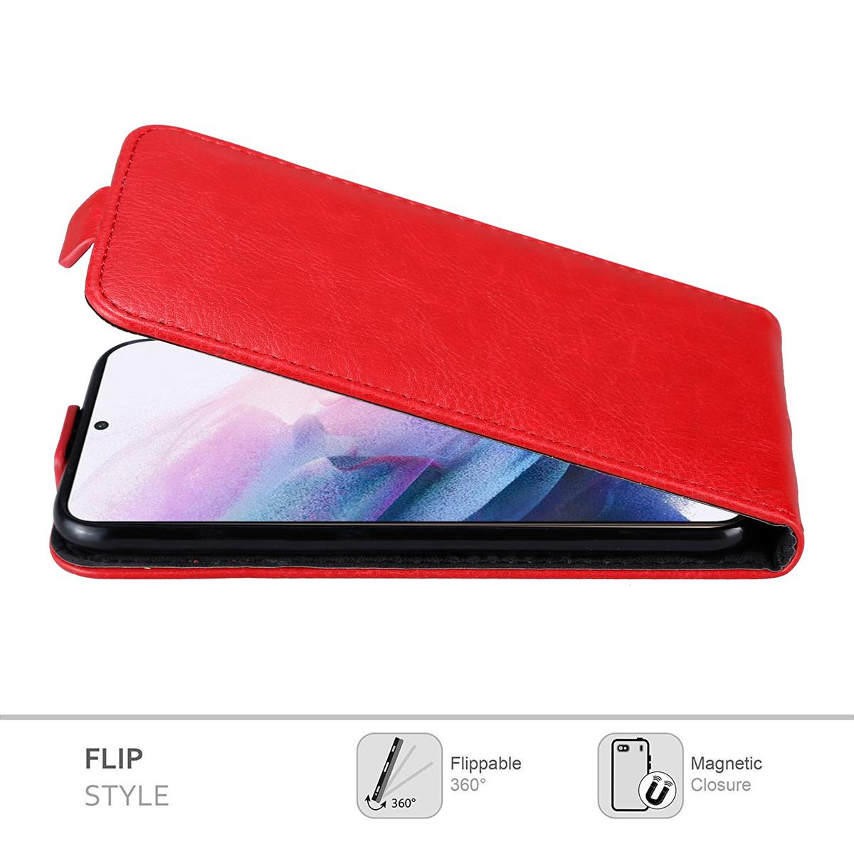 Custodia rossa con telefono aperto. La custodia è a ribalta e mostra lo schermo del telefono.