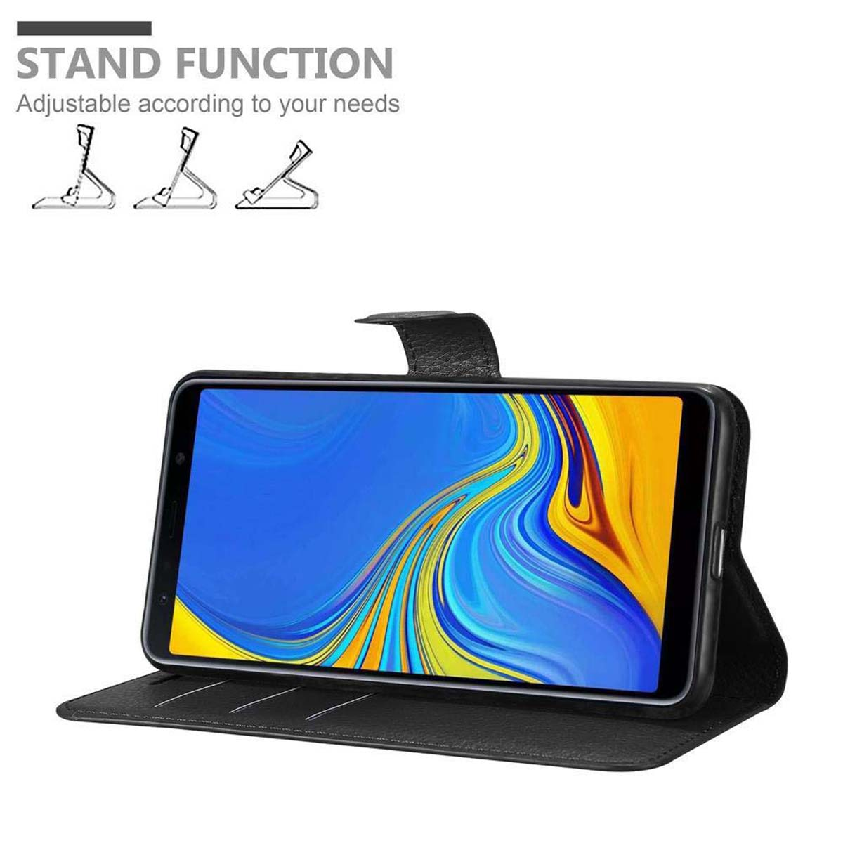 Ein Telefon wird in einer schwarzen Hülle aufgestellt, offen. Standfuß-Funktionssymbole sind vorhanden.