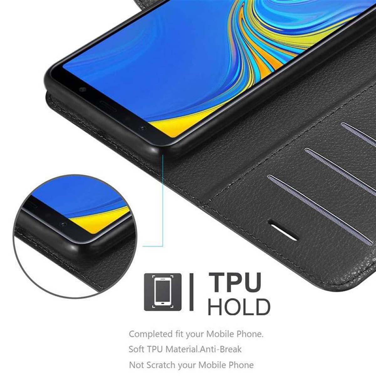 Schwarze Handyhülle mit Telefon. TPU-Halterung. Auf weißem Hintergrund isoliert.