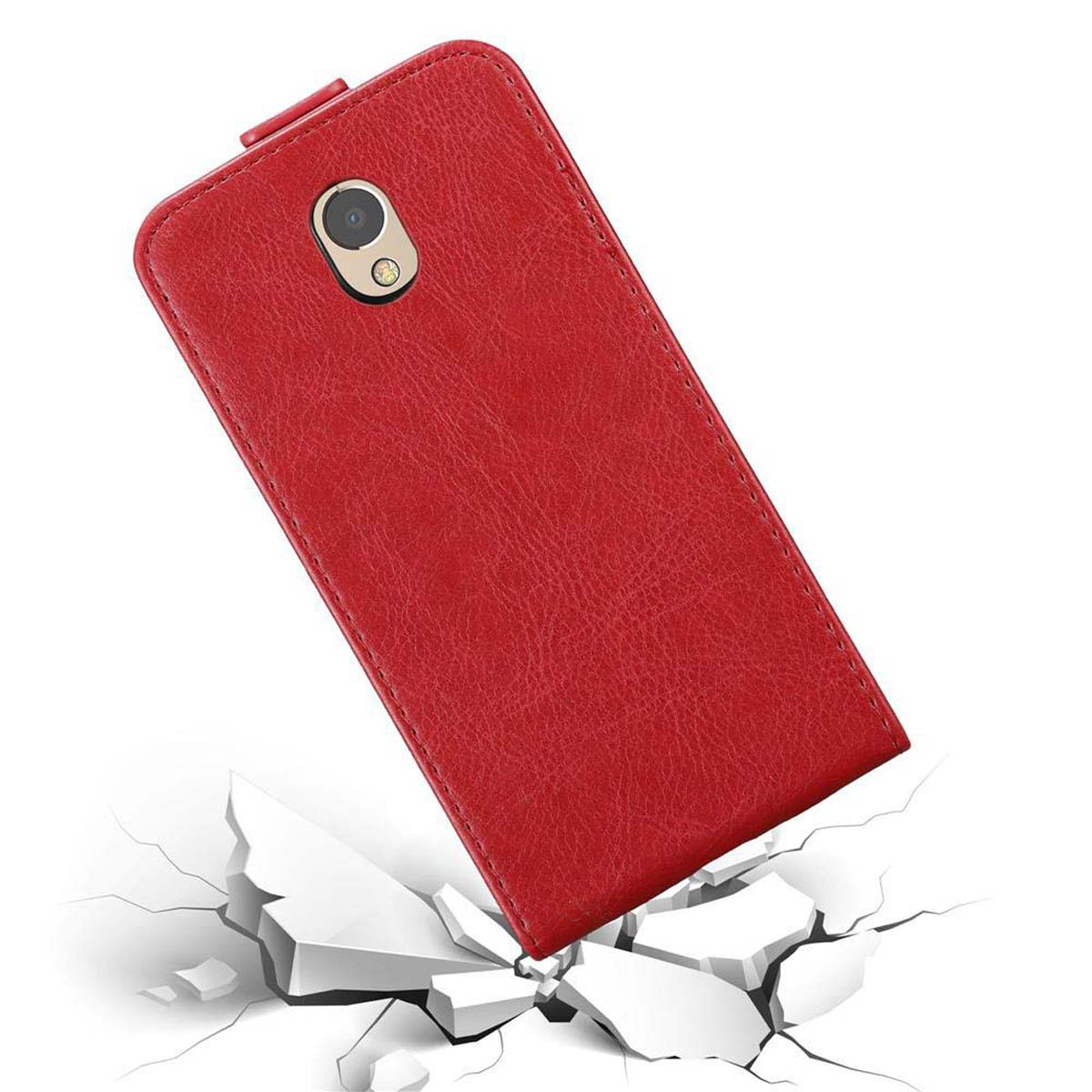 Custodia per telefono rossa, cadendo con terreno rotto sotto, che mostra un telefono con fotocamera.