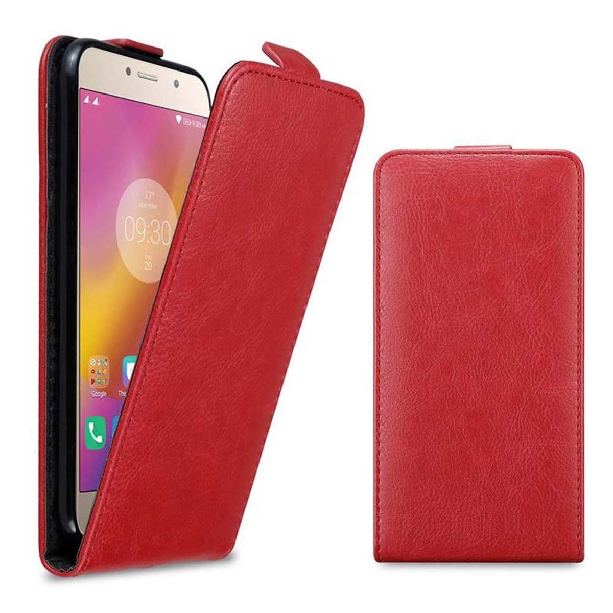 Custodia rossa per telefono con telefono all'interno, aperta e chiusa, sfondo bianco.