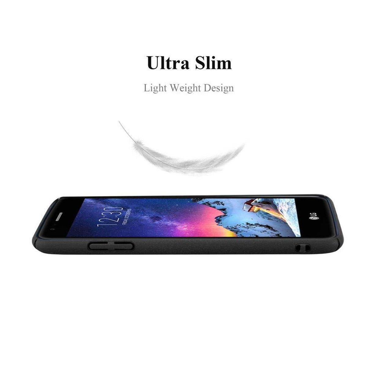 Eine schwarze Handyhülle mit einem Telefon darin, mit einer weißen Feder, die darüber schwebt.