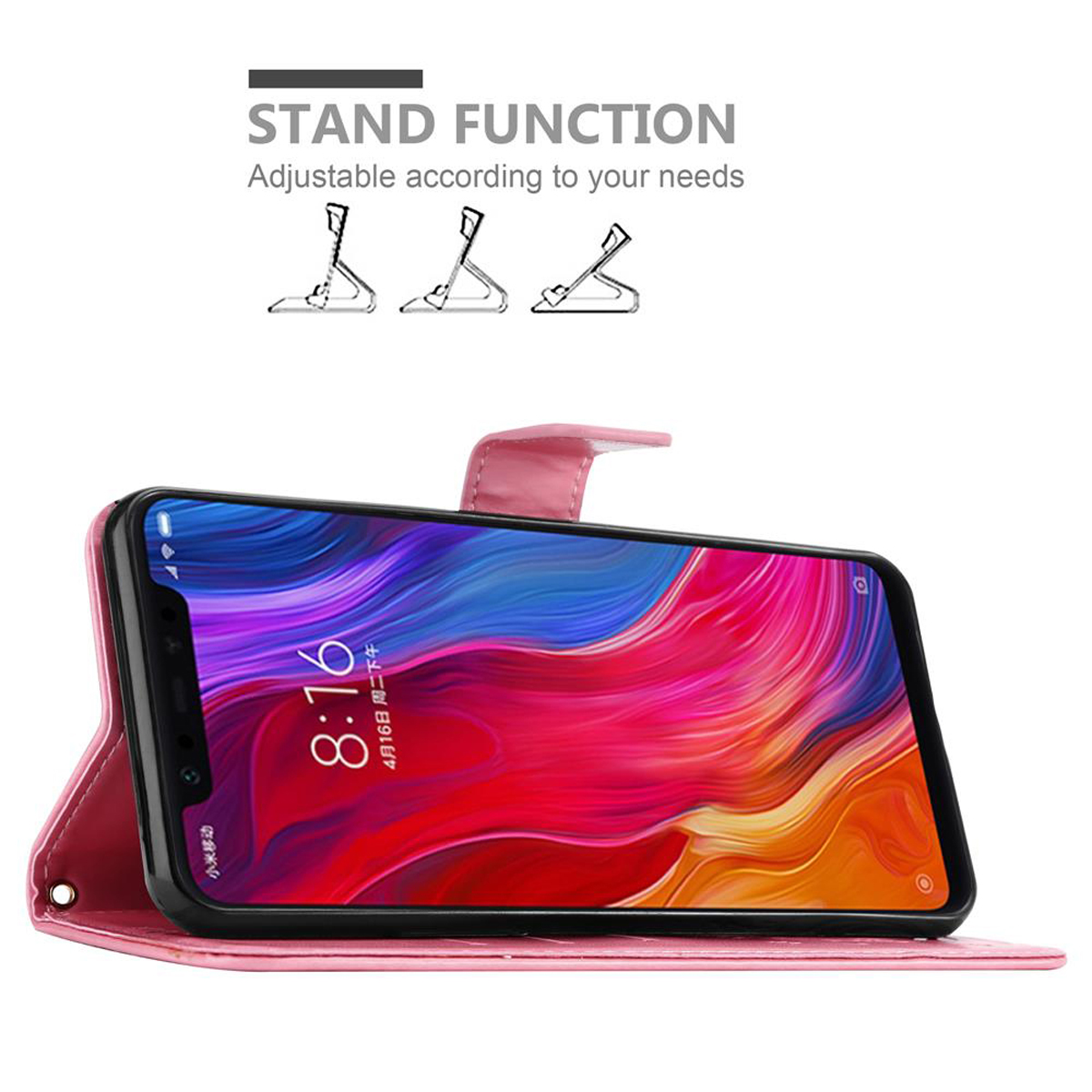 Telefono in custodia rosa, sollevato per la visualizzazione, con uno schermo colorato, su uno sfondo bianco.