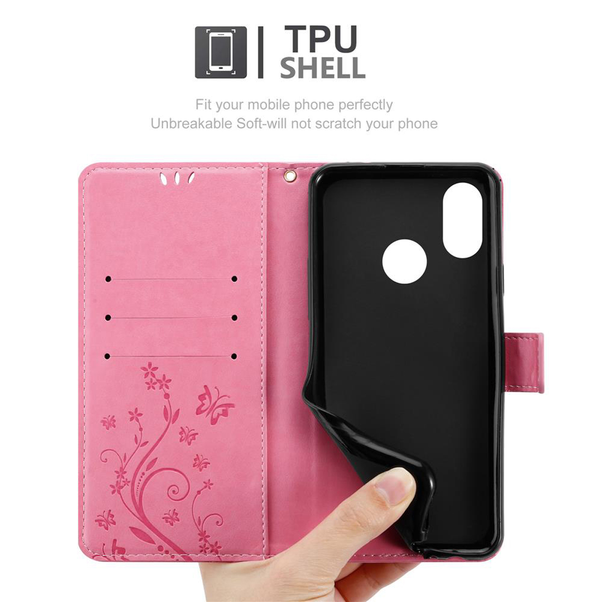Custodia per telefono rosa aperta. Telefono nero all'interno. Dettagli di fiori e farfalle sulla copertina.