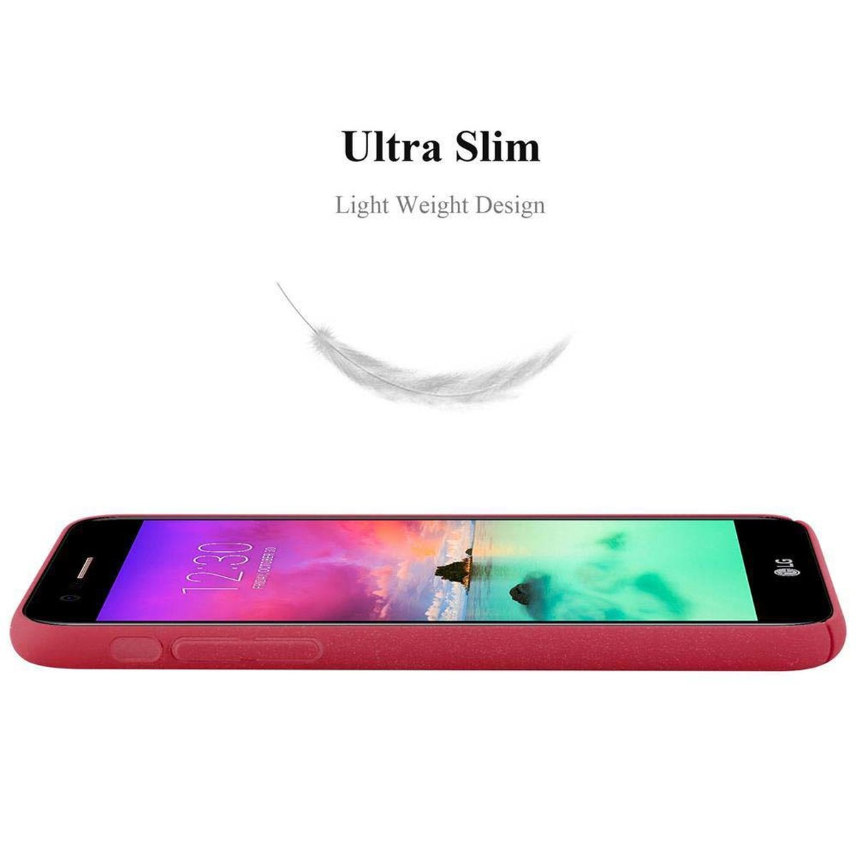 Rote Handyhülle mit Telefon. Die Hülle ist geöffnet und zeigt das Telefon. Design ist ultradünn.