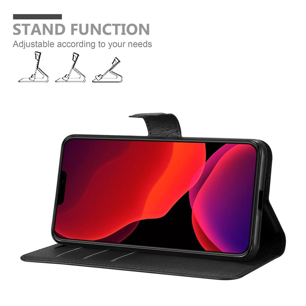 Schwarze Handyhülle mit einem Telefon darin, in einer Ständerposition, auf weißem Hintergrund.