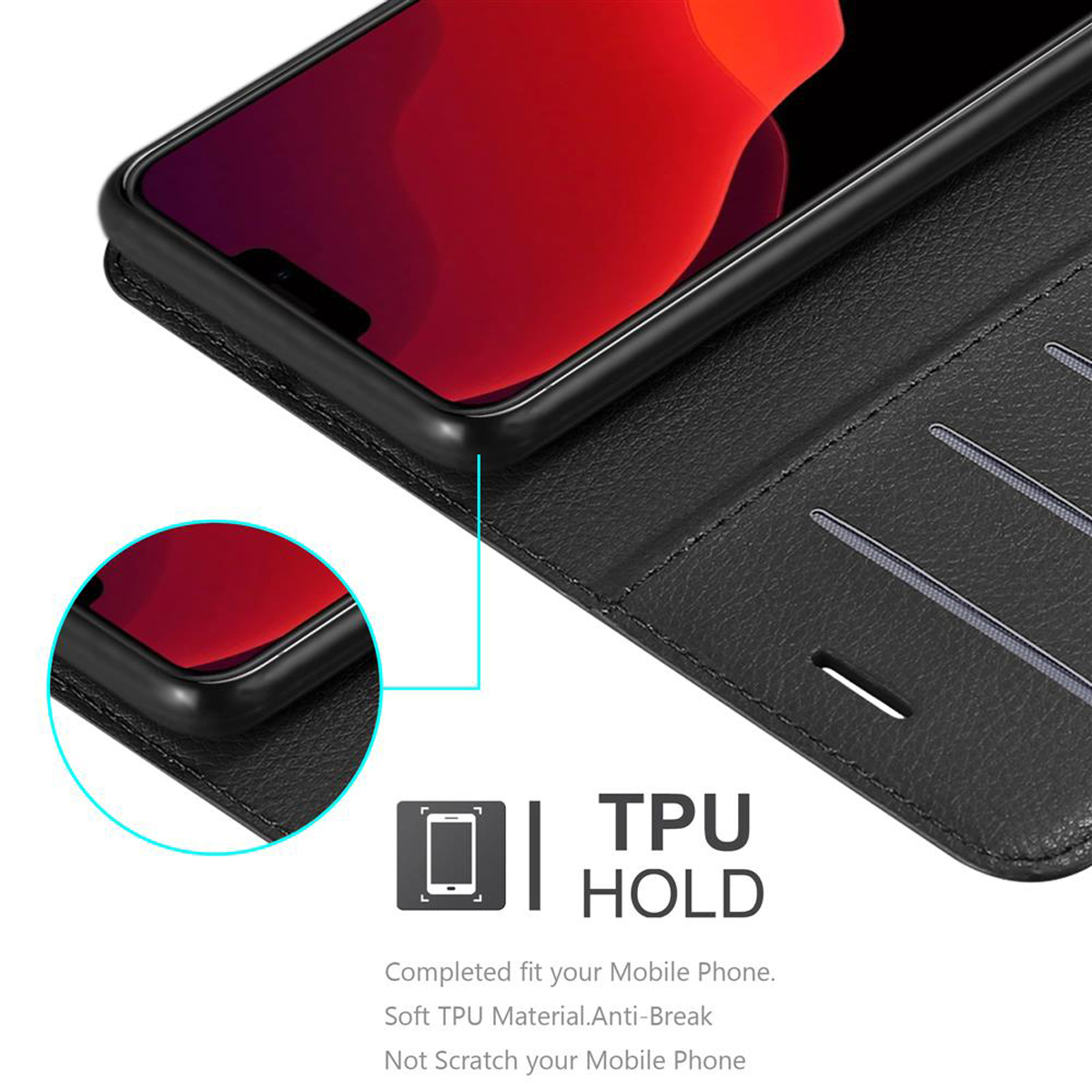 Schwarze Handyhülle mit Telefon darin. Die Hülle ist offen. Ein Logo 'TPU HOLD' ist sichtbar.