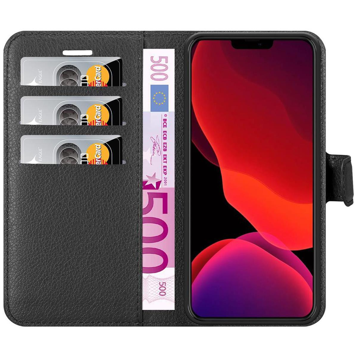 Schwarze Leder-Handyhülle mit rotem iPhone. Innen sind Karten und ein 500-Euro-Schein platziert.