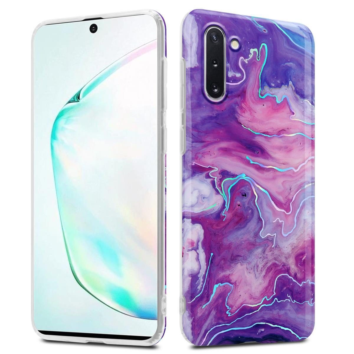 Due telefoni: uno bianco, uno con custodia effetto marmo viola. Entrambi sono smartphone.