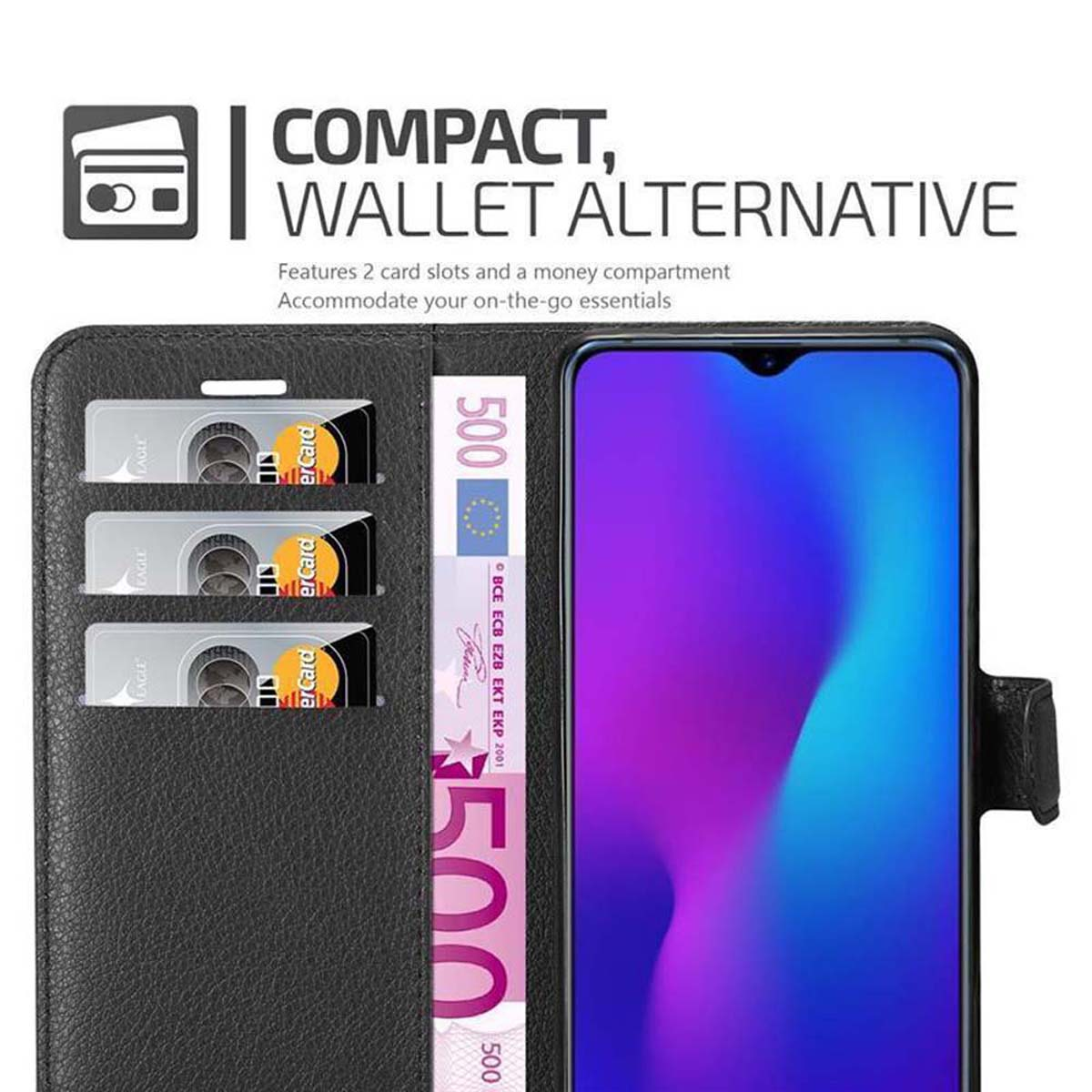 Custodia con telefono e scomparti per carte con carte e una banconota da 500 euro. Testo: COMPACT WALLET ALTERNATIVE.