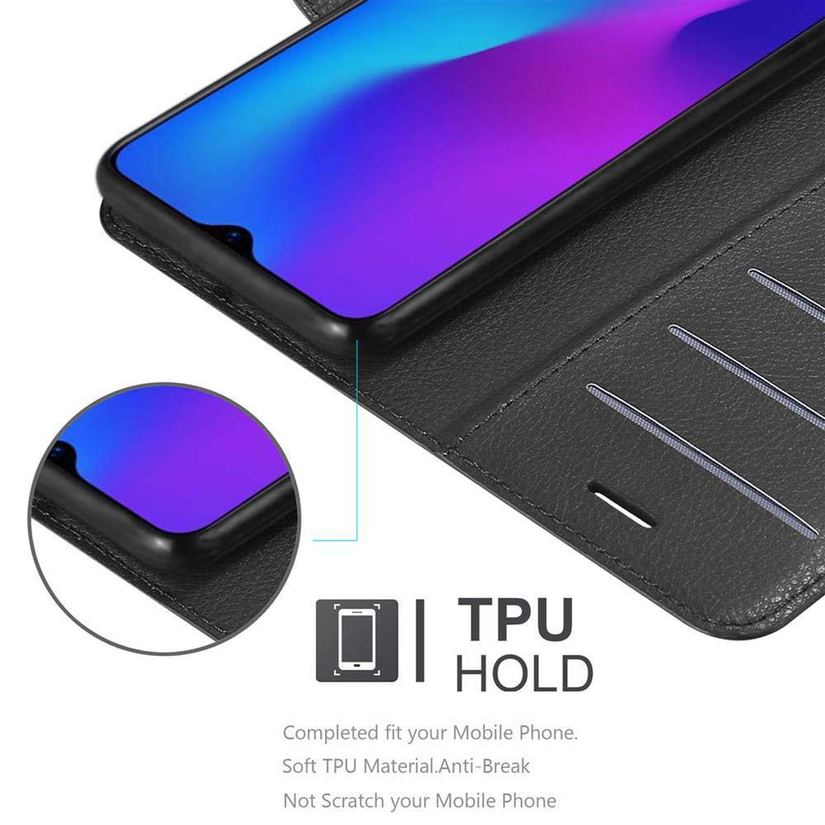 Un telefono è all'interno di una custodia. La custodia è nera e aperta, mostrando l'etichetta TPU HOLD.