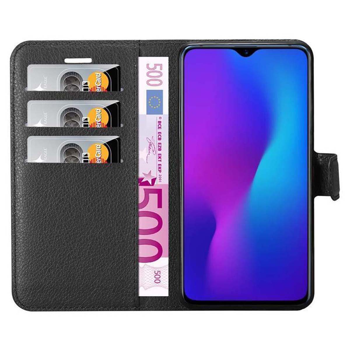 Telefono in custodia nera, aperto. Carte di credito e denaro nella custodia.
