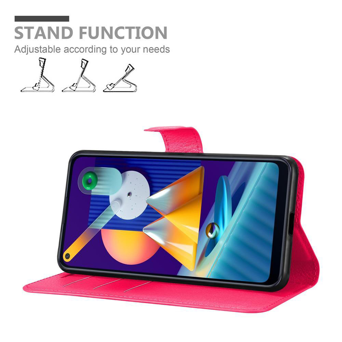 Custodia per telefono, telefono in posizione stand. Custodia rosa, schermo che mostra. Testo: Funzione stand.