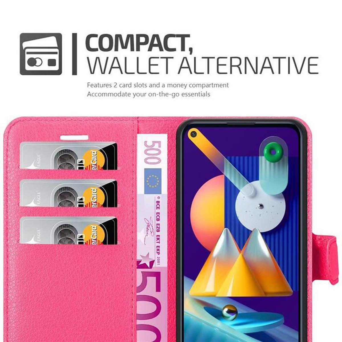 Custodia rosa per telefono con slot per carte e telefono. Testo: Compatto, alternativa al portafoglio.