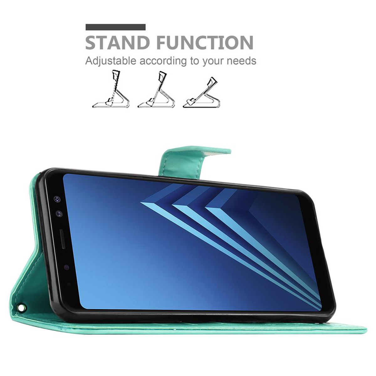 Telefono in custodia verde acqua, aperto, con funzione stand. Funzione stand regolabile.