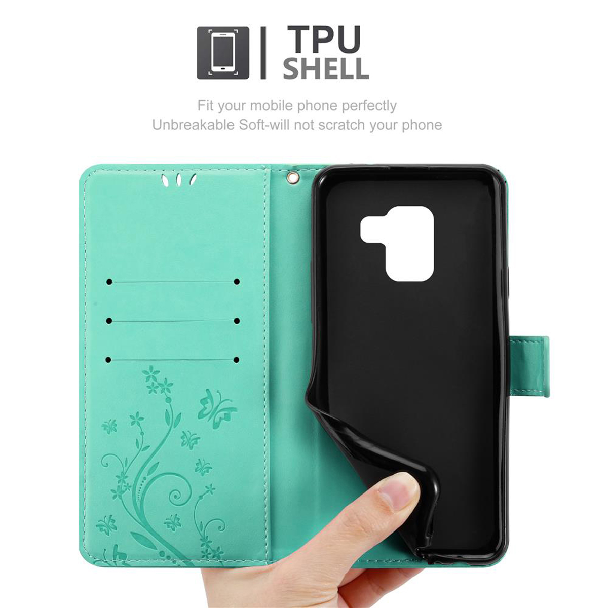 Custodia per telefono turchese, con telefono dentro. Design floreale e guscio in TPU. La mano tiene la custodia.