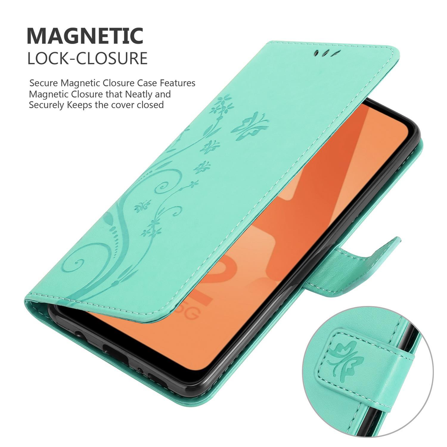 Custodia verde acqua aperta, telefono dentro. Design floreale, chiusura magnetica menzionata.