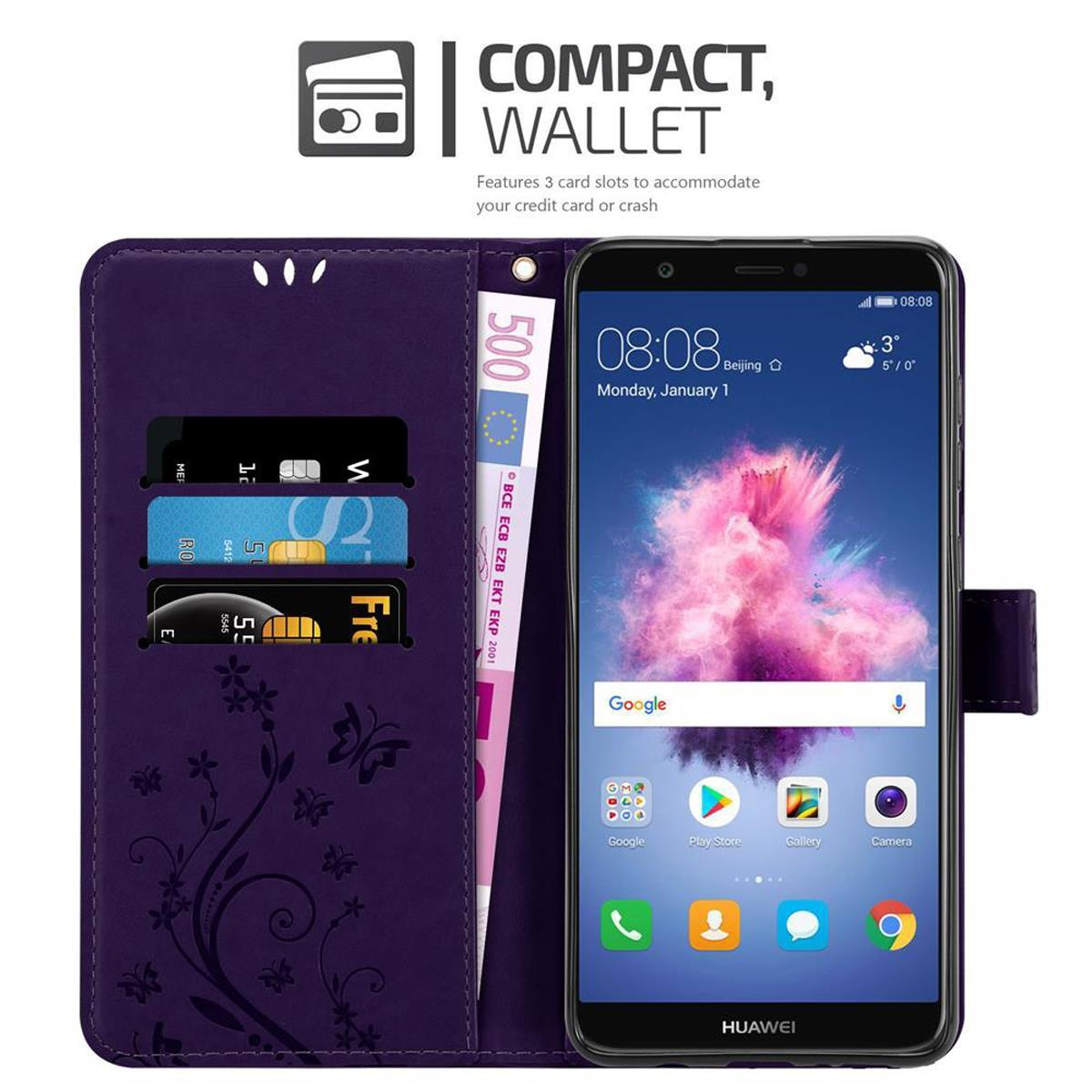 Custodia viola per telefono con carte, denaro e telefono. Visualizza l'ora e il meteo.