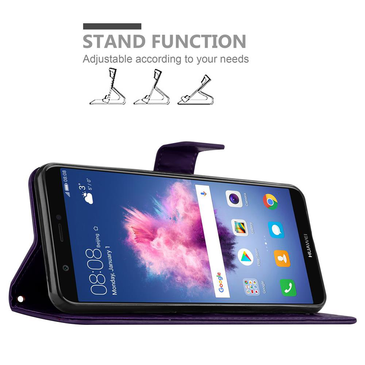 Telefono in una custodia a portafoglio viola, in piedi. Il telefono mostra un'ora e l'interfaccia Google. Funzione stand mostrata.