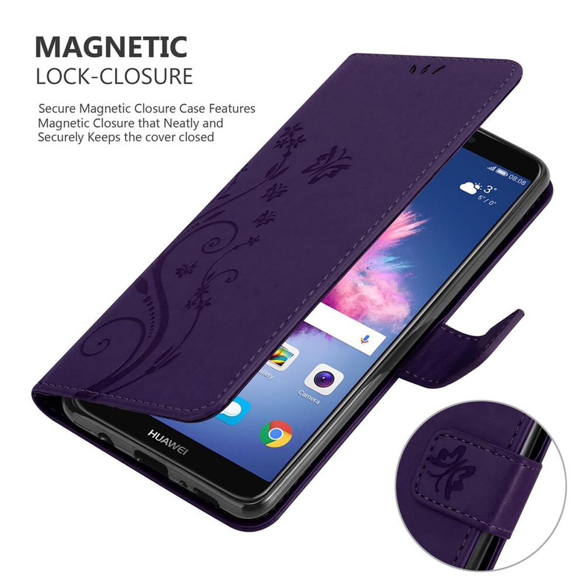 Custodia viola per telefono, aperta con telefono. Design floreale. Telefono che mostra app e meteo. Sfondo bianco.