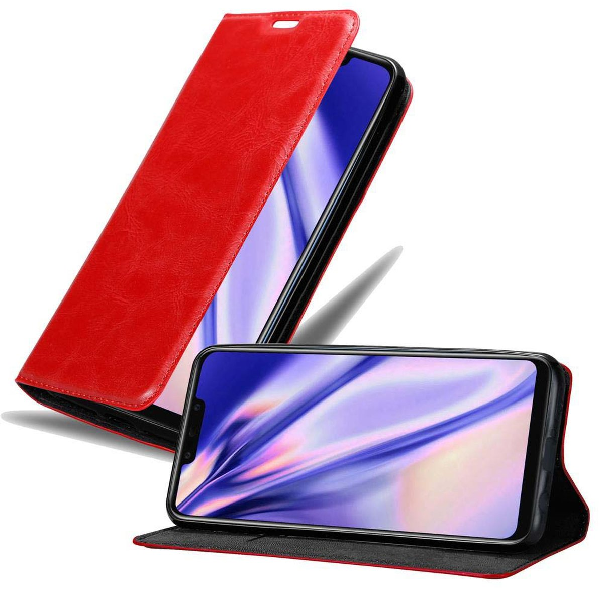 Rote Handyhülle mit Telefon und Karten. Geöffnete und geschlossene Ansichten. Telefon in der Hülle.