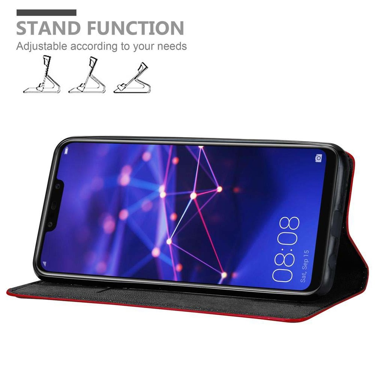 Telefon in offener Hülle. Standfunktion. Telefon zeigt Bildschirm mit lila und weißen Formen.