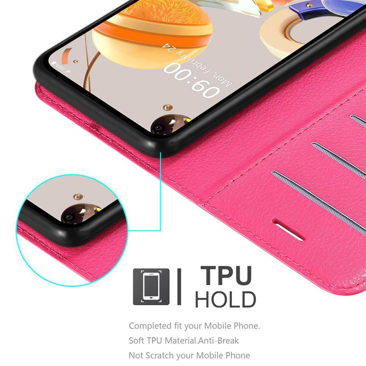 Un telefono in una custodia rosa. Lo schermo mostra un primo piano di uno schermo del telefono. Dettagli TPU.