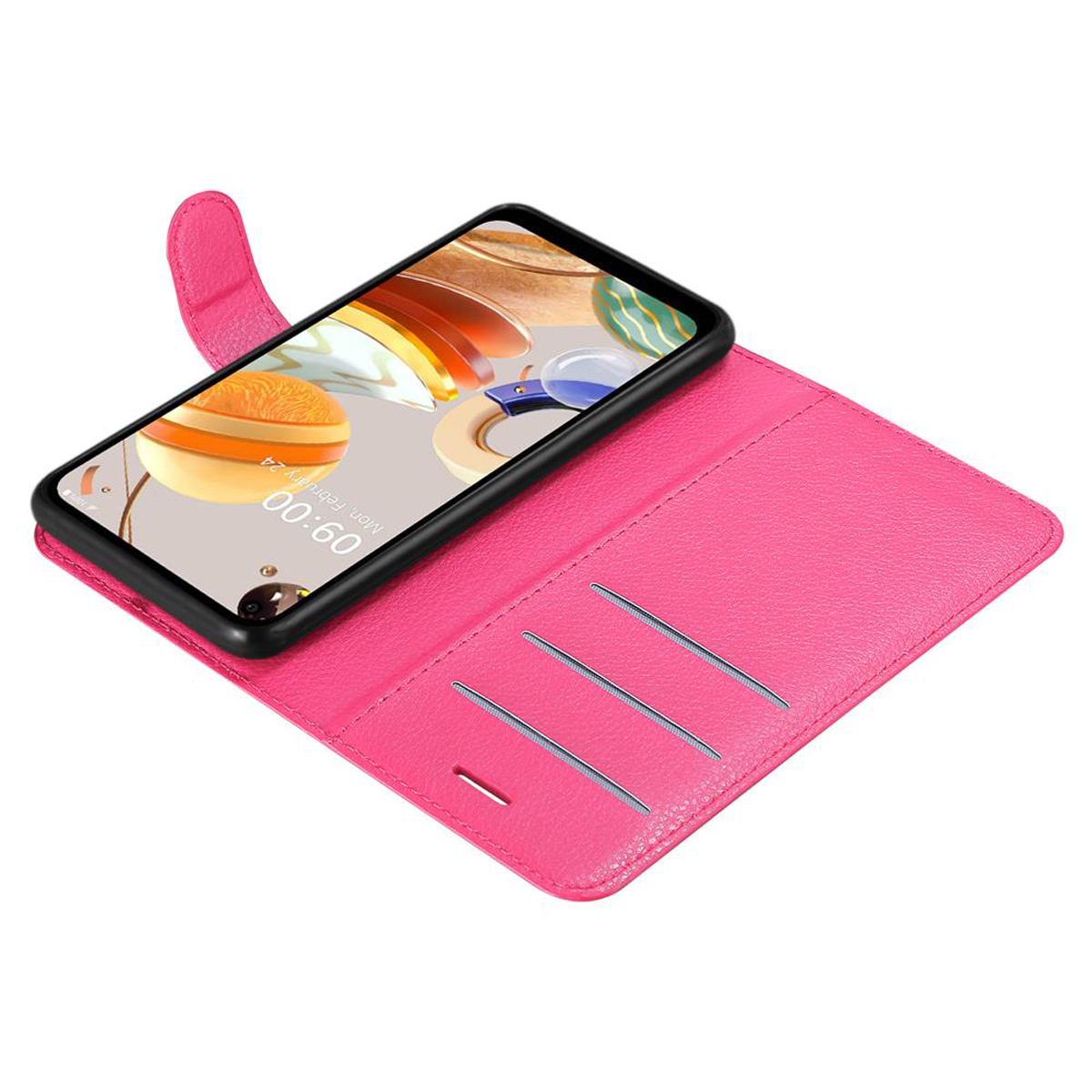 Custodia per telefono rosa con un telefono che mostra l'ora.