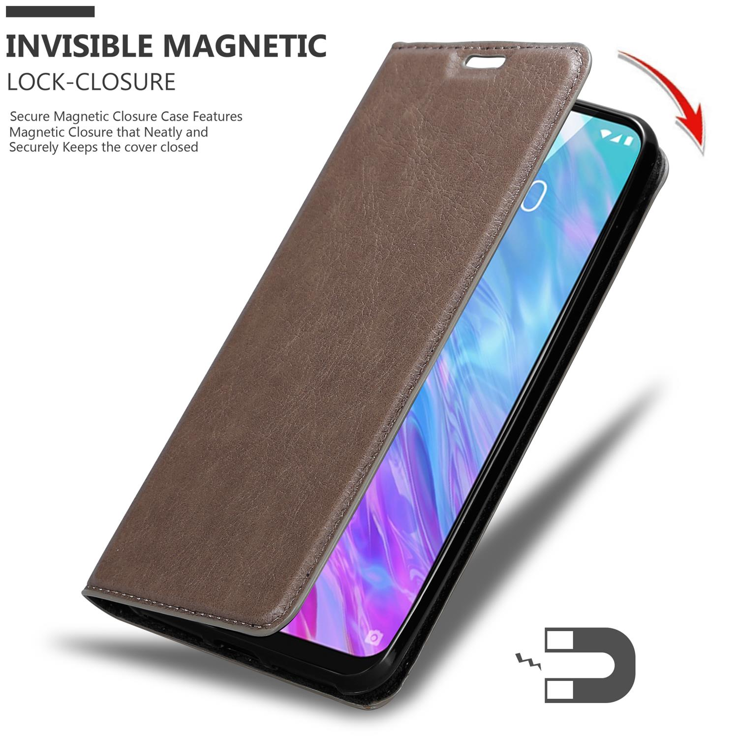 Braune Leder-Handyhülle geöffnet, Telefon sichtbar. Magnetdetail im Hintergrund.