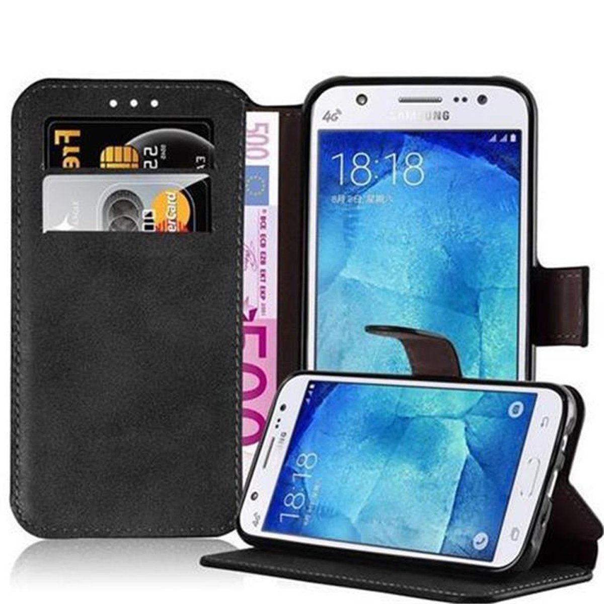 Funda negra para teléfono con teléfono dentro. Hay también un compartimento para efectivo y tarjetas.
